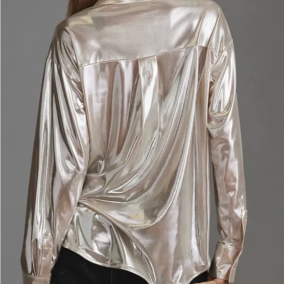 Anthropologie Metallic Silver Blouse NWT shine button up sparkle shimmer - Picture 5 of 6